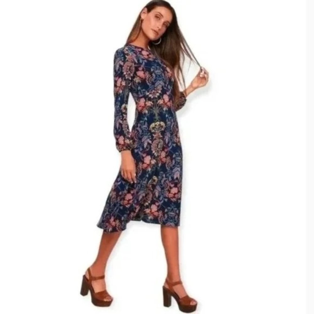 I. Madeline Long Sleeved A Line‎ Midi Length Floral Dress Size Small
